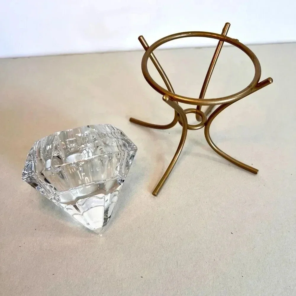 Vintage PartyLite Clear Heavy Glass Tealight Candle Holder Diamond on Gold Stand